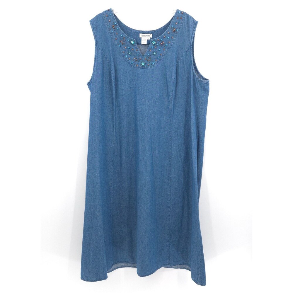 Coldwater‎ Creek denim turquois beaded midi dress Size 2X sleeveless 100% cotton